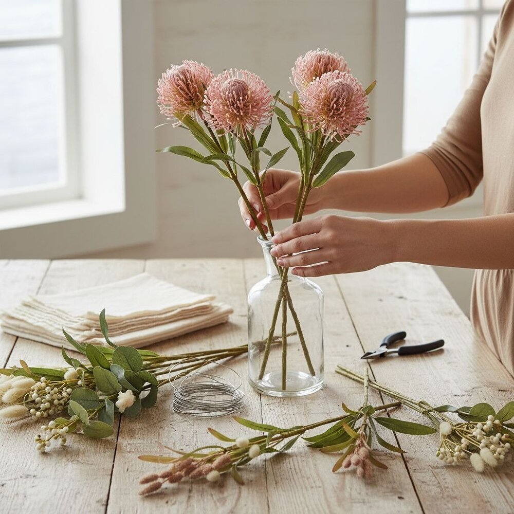 Pink Blush Pincushion Protea Stem Faux Protea Flower Artificial Floral Decor - Picture 2 of 10